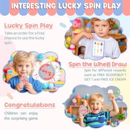 Wooden Ice Cream Toys Set Pretend Play Food Counter with Lucky Wheel, Scoop, Menu, Fake Money B161