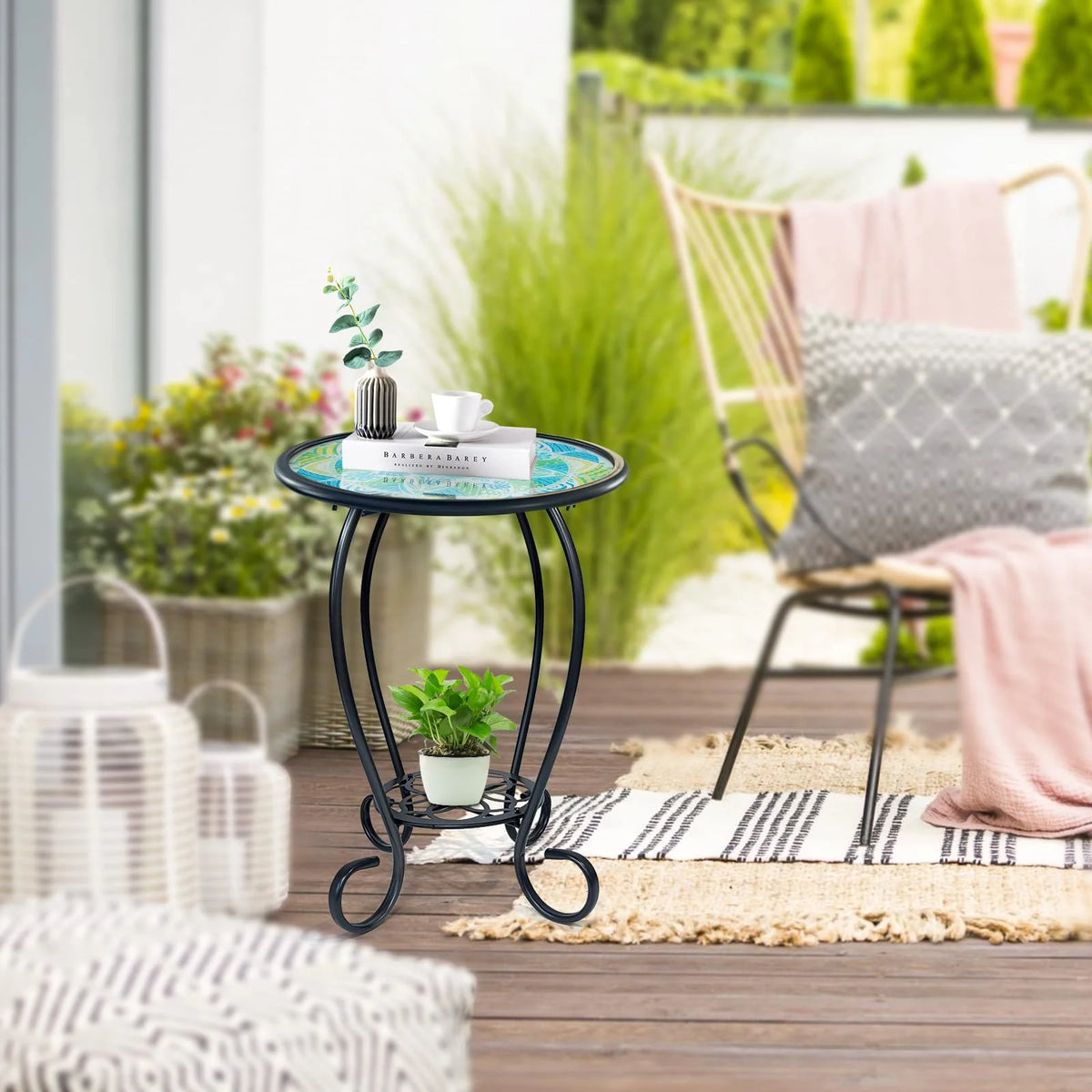 Two Tier Green Mosaic Outdoor Side Table D60811