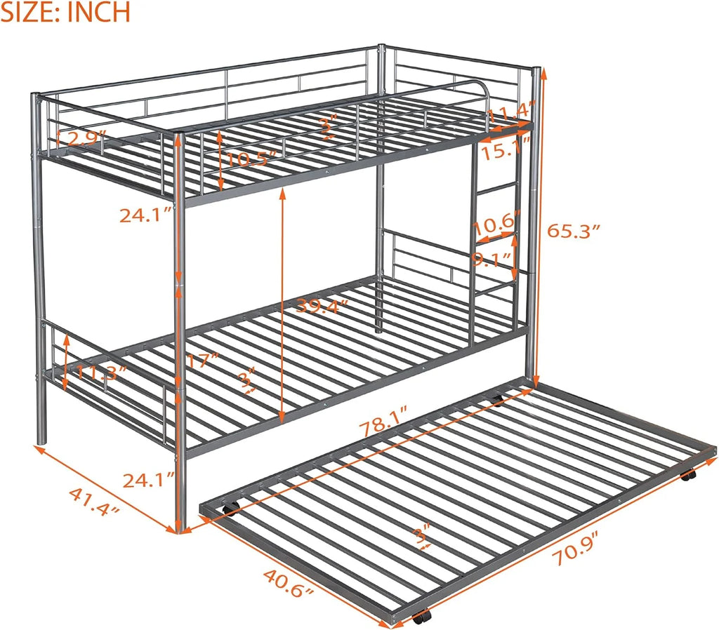 Metal Bunk Bed with Trundle and Safety Guard Rails C721