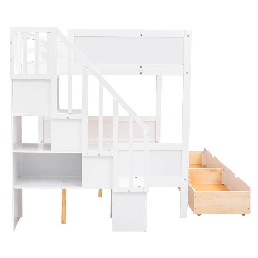 Solid Wood Twin Over Full Bunk Bed with Staircase and 2 Drawers W13142
