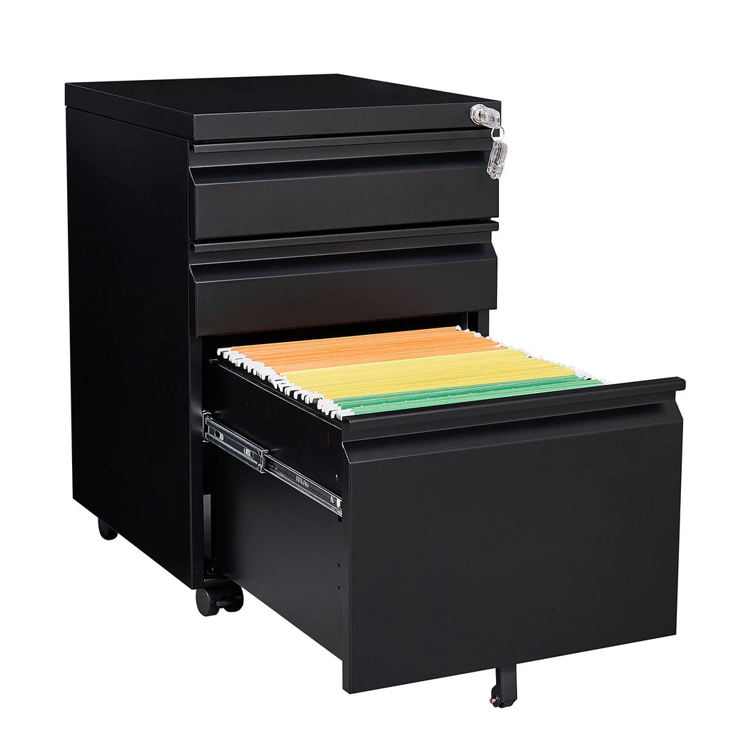 Black 3 Drawer Metal File Cabinet on Wheels N6281