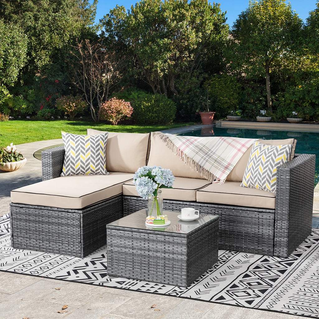 3 Piece Aegean Blue Black Rattan Wicker Sectional Sofa B91399