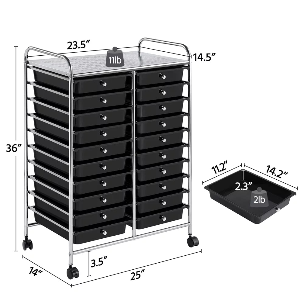 20 Drawers Metal Frame Storage Cart with Lockable Wheels, Black F252