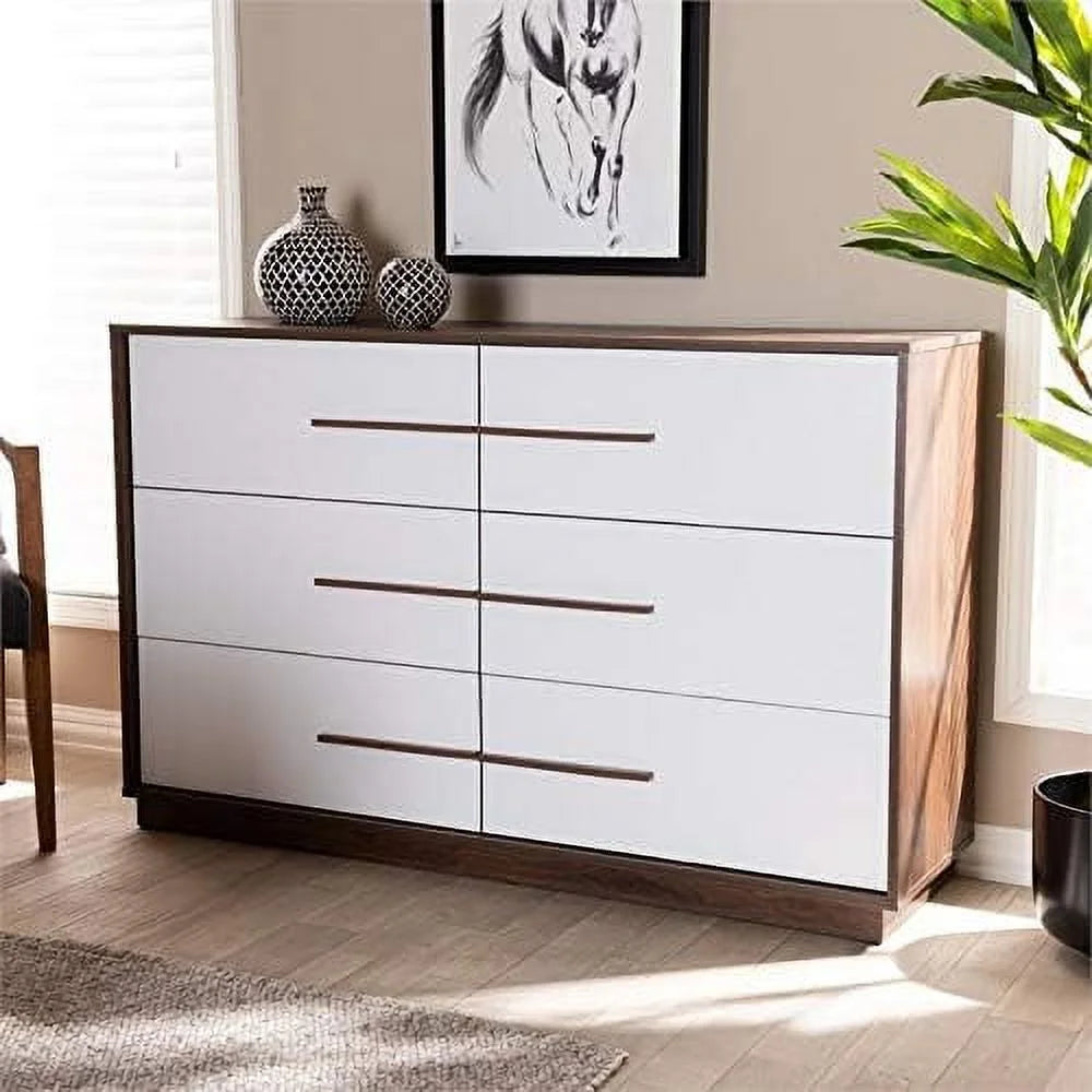White Walnut 6-Drawer Wood Dresser I372