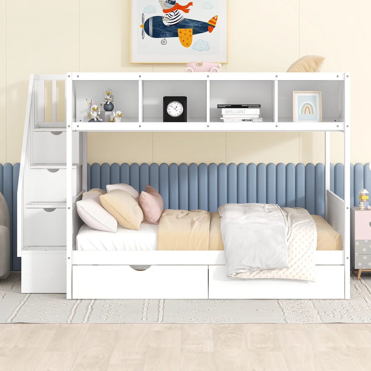 Solid Wood Twin Over Full Bunk Bed with Staircase and 2 Drawers W13142