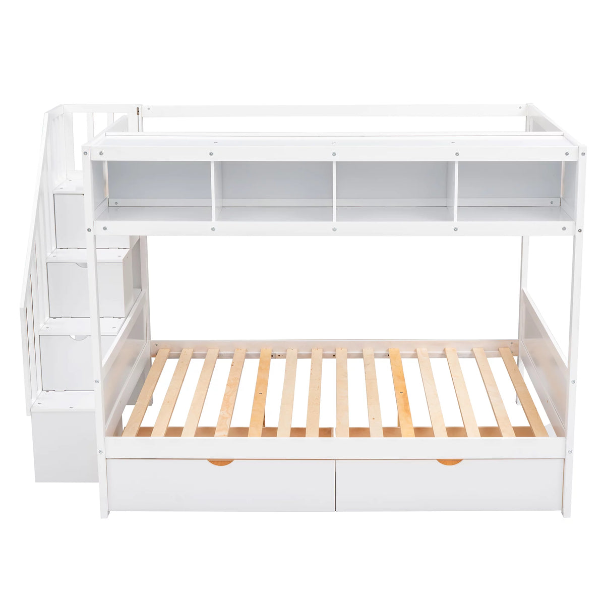 Solid Wood Twin Over Full Bunk Bed with Staircase and 2 Drawers W13142