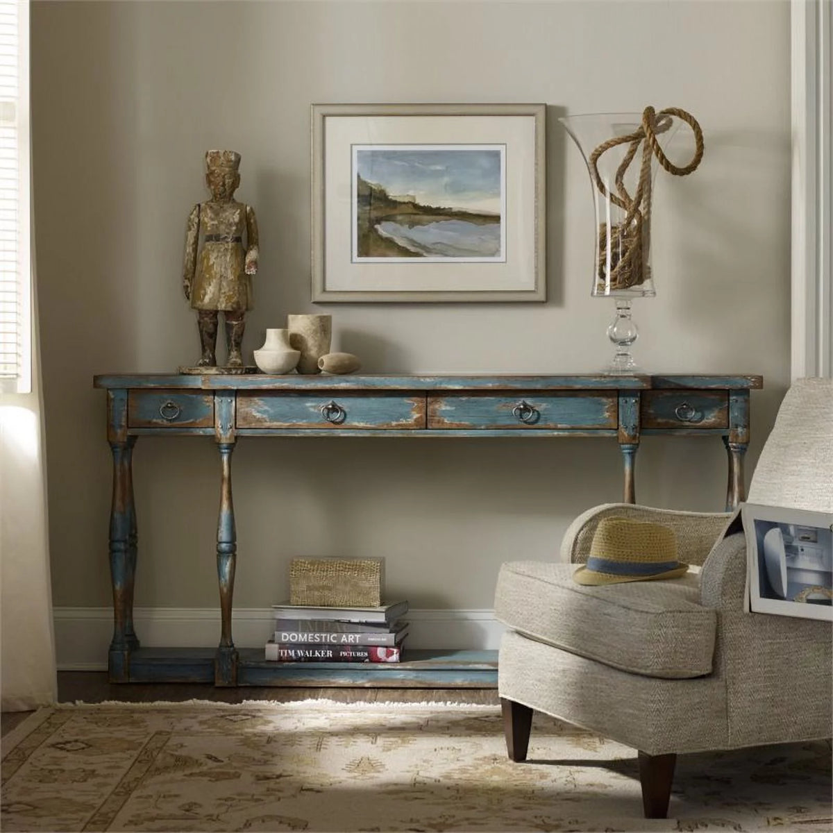 Azure Blue 4-Drawer Wood Console Table with Bottom Shelf D4330
