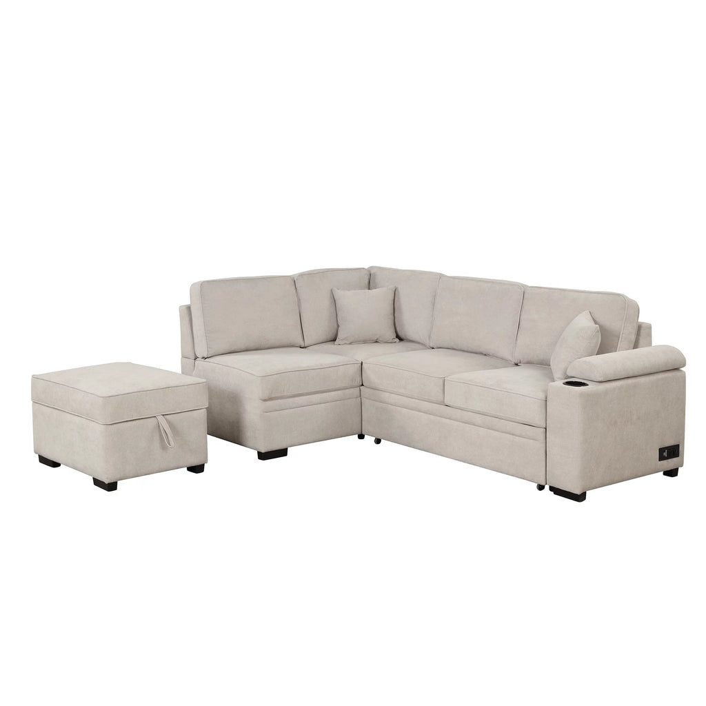 Beige L Shape Sleeper Sofa Bed with Storage Ottoman W22998