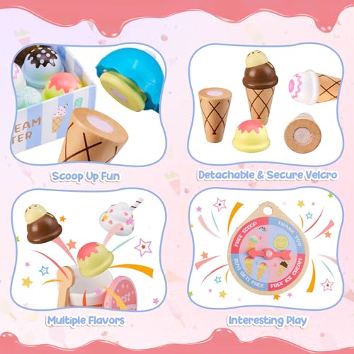 Wooden Ice Cream Toys Set Pretend Play Food Counter with Lucky Wheel, Scoop, Menu, Fake Money B161