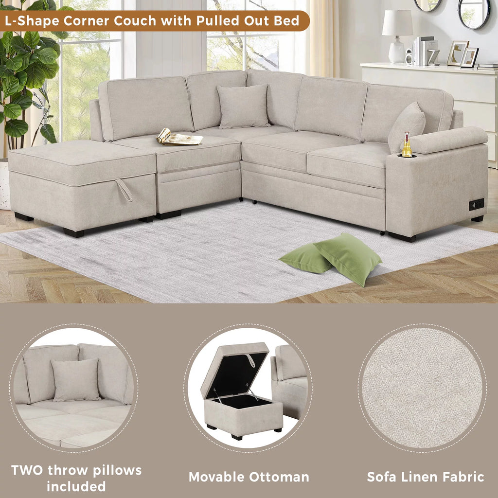 Beige L Shape Sleeper Sofa Bed with Storage Ottoman W22998