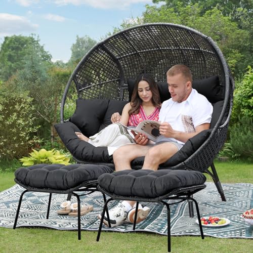 Oversized Wicker Egg Chair with Ottoman Gray L78059