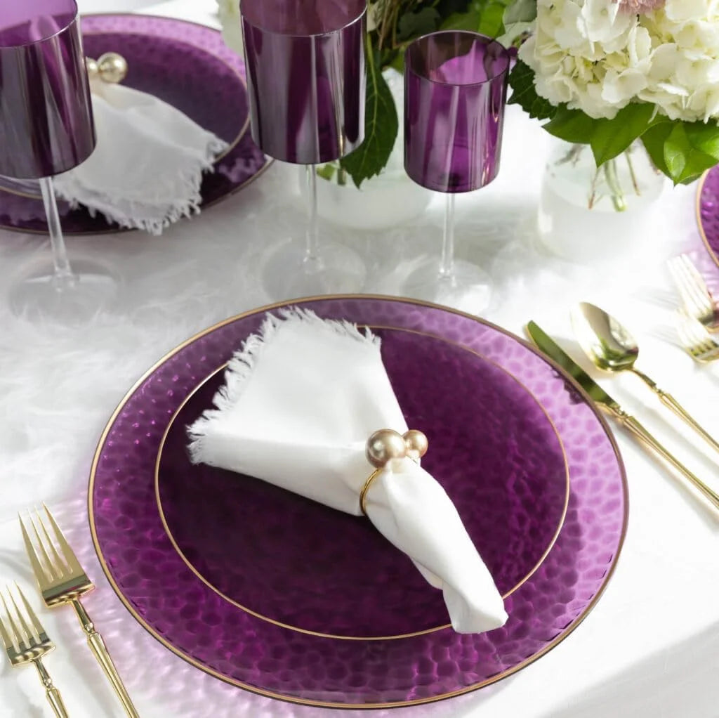 9" Round Purple Plastic Plates with Gold Rim 110 Pack V467