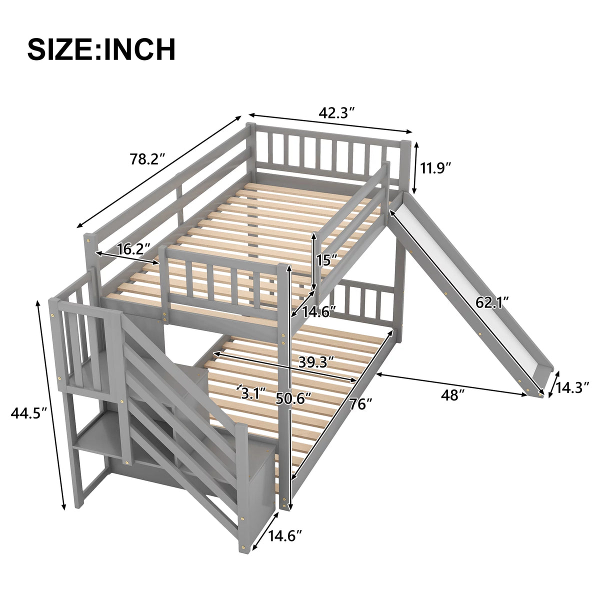 Solid Wood Twin Over Twin Bunk Bed with Slide and Stairway E8411