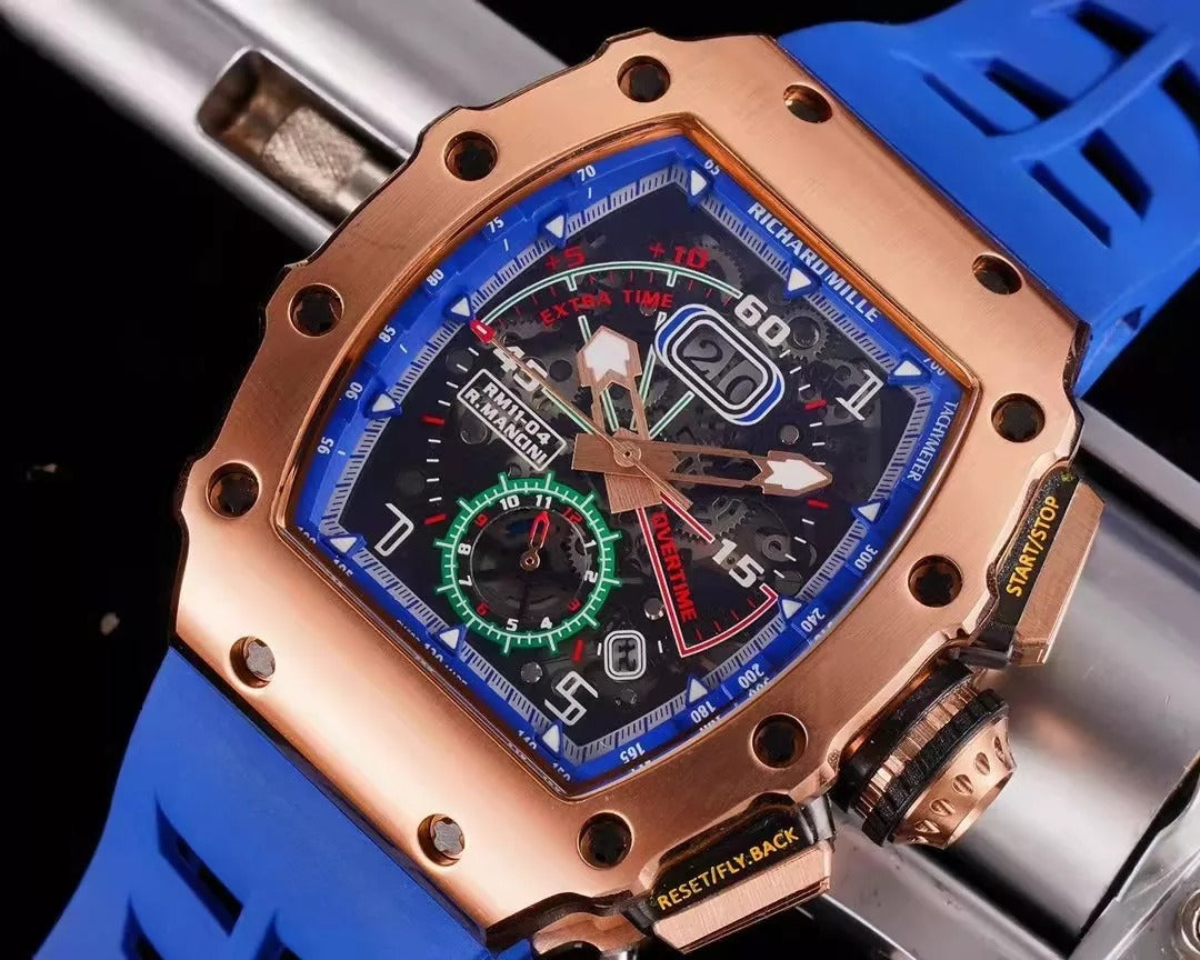 Blue Dial Rose Gold Bezel Rubber Strap Skeleton Watch D35285