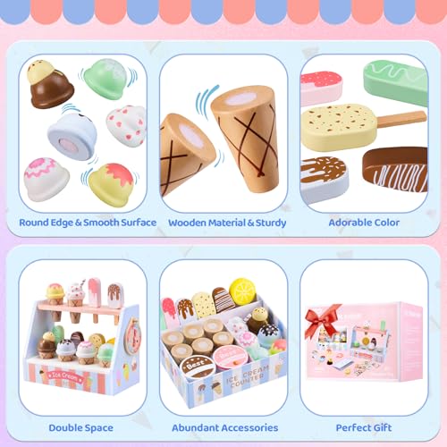 Wooden Ice Cream Toys Set Pretend Play Food Counter with Lucky Wheel, Scoop, Menu, Fake Money B161
