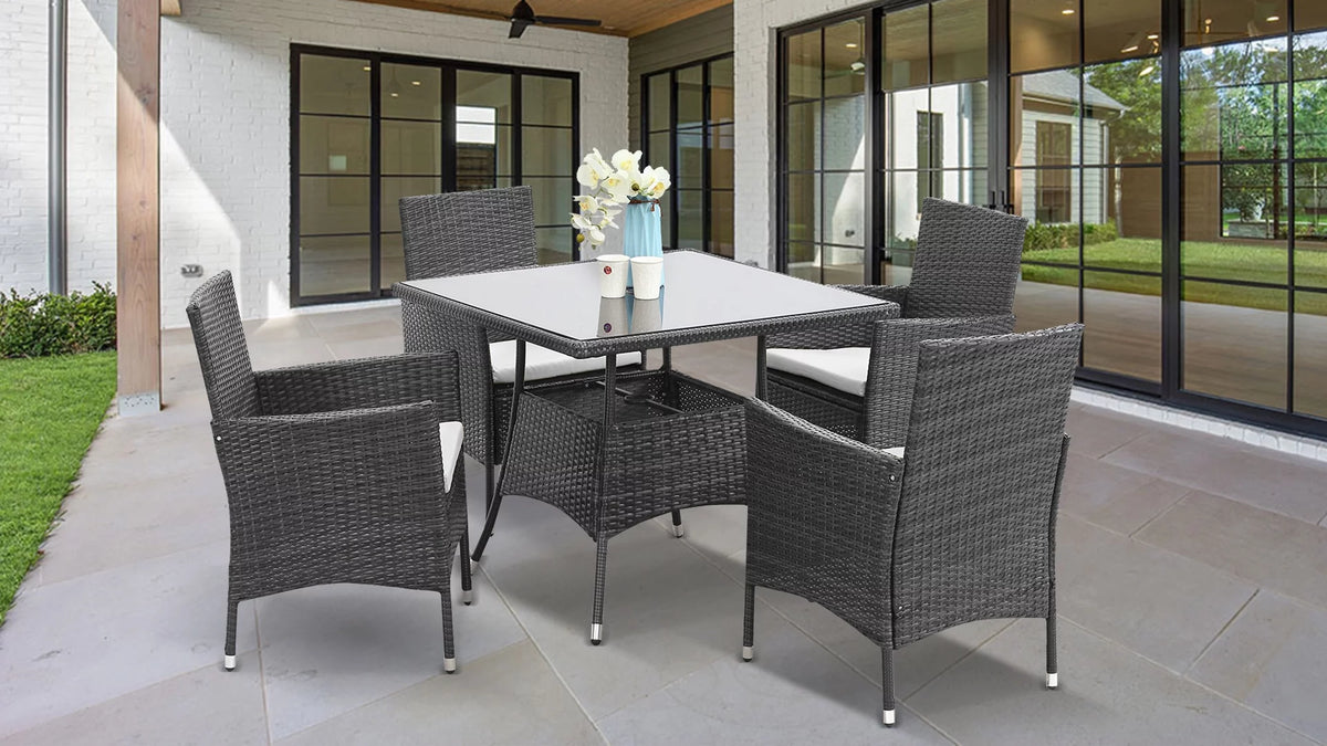 5 Pcs Grey Wicker Patio Dining Set with Umbrella Hole D609