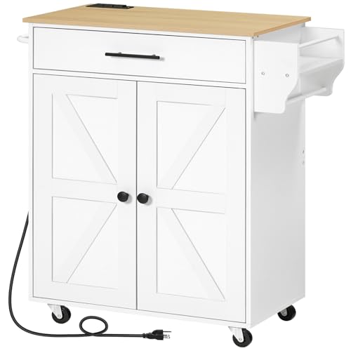 Kitchen Island with Power Outlet, Spice Rack and Drawer, Rolling on Wheels, Rustic Brown and Black X53869