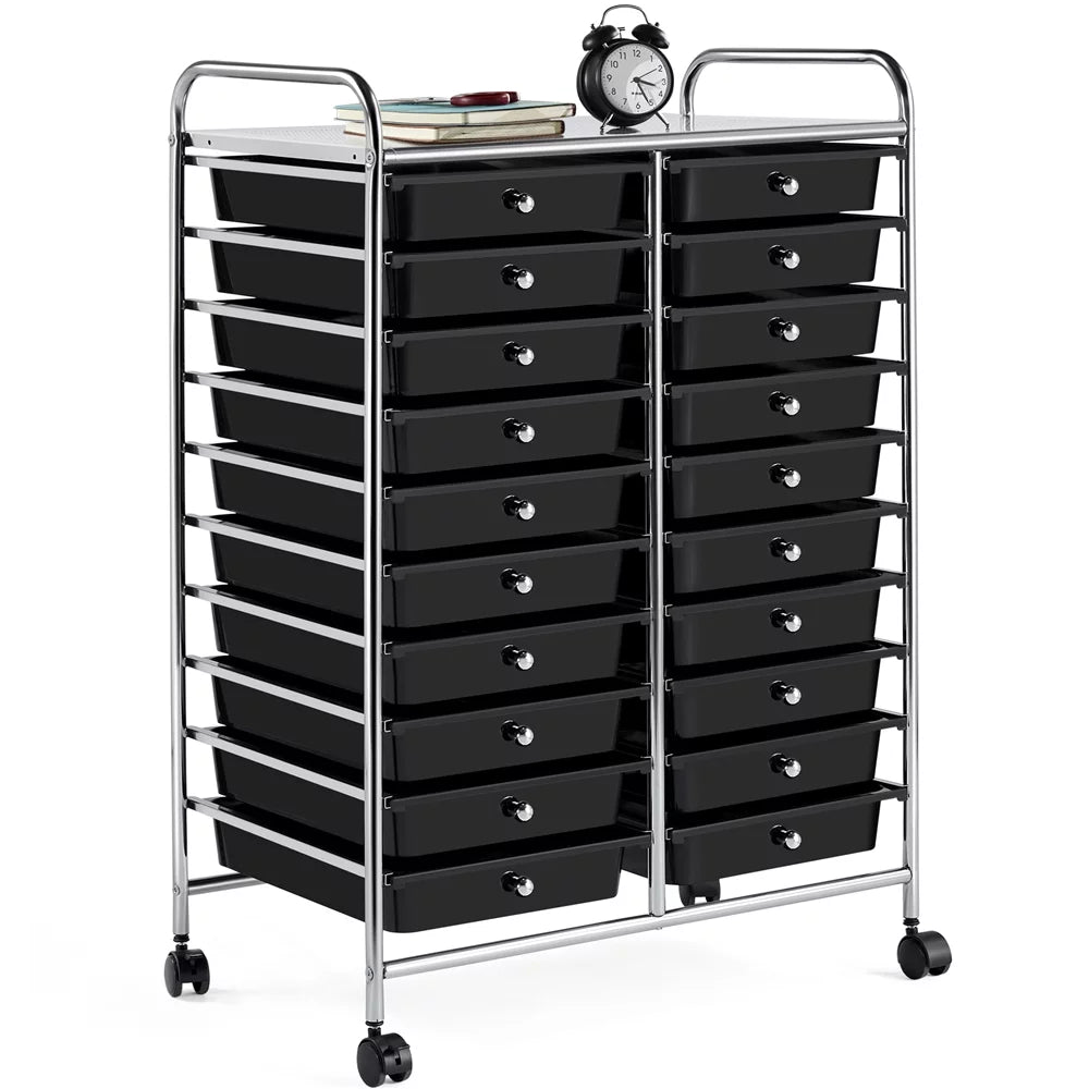 20 Drawers Metal Frame Storage Cart with Lockable Wheels, Black F252