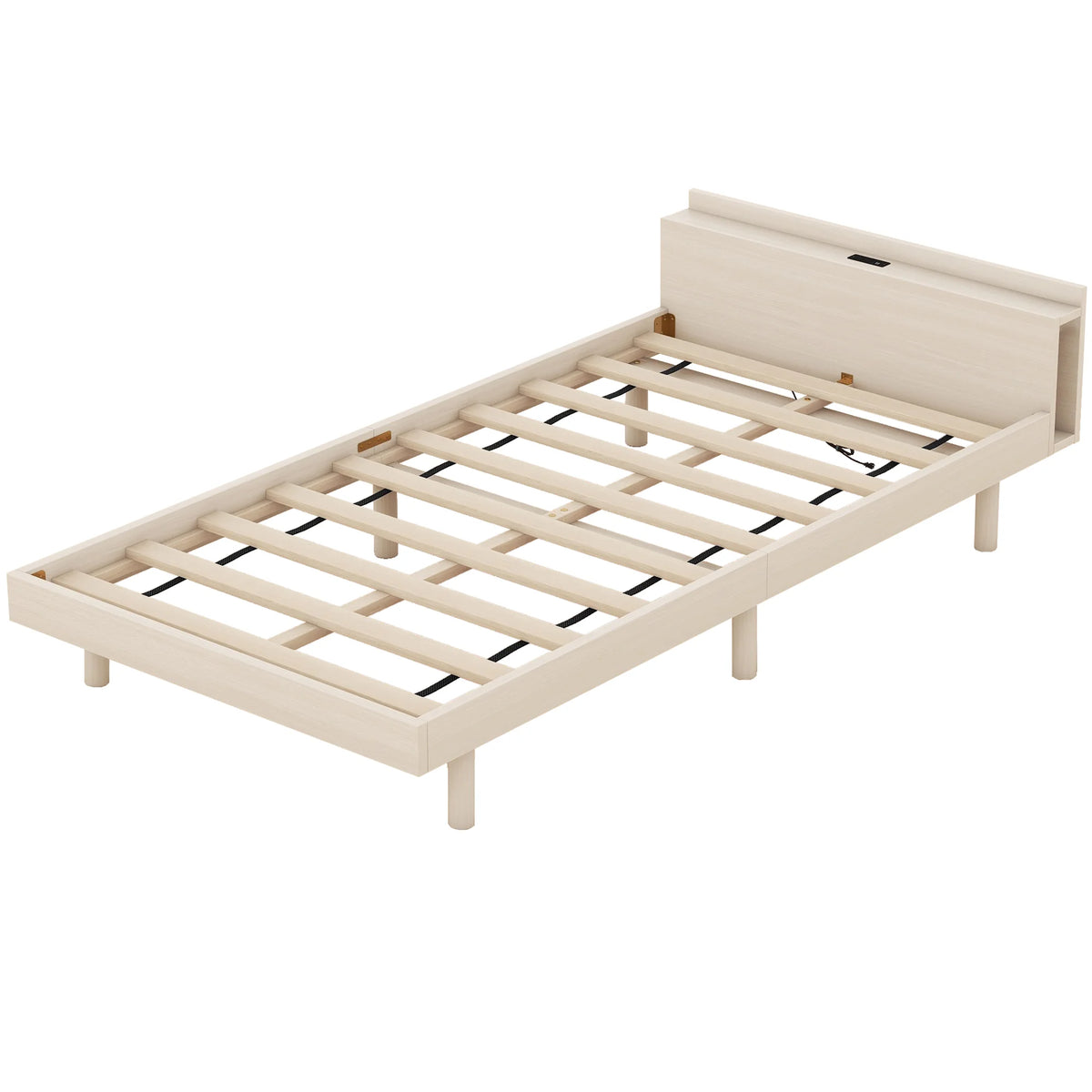 White Washed Wood Twin Size Platform Bed with Storage Headboard and USB Charging Port U40807