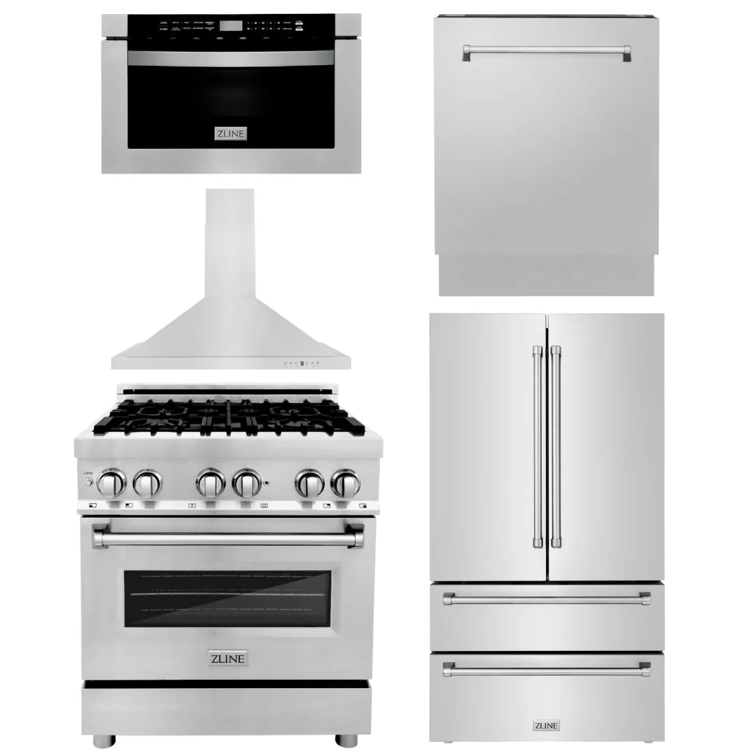 30 in. Dual Fuel Range, Range Hood, Microwave Drawer, Dishwasher, Refrigerator N3282