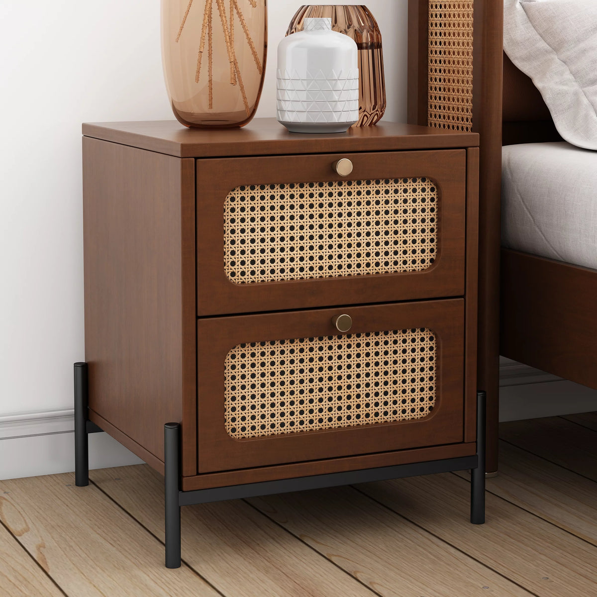 2-Drawer Walnut Wood Side Table N137366