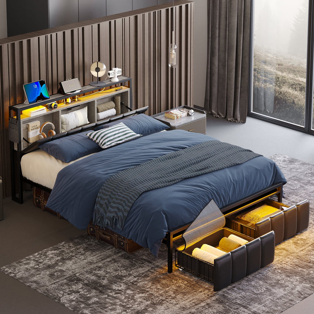 Queen Size Platform Bed Frame with Storage Headboard and 2 Drawers I91767