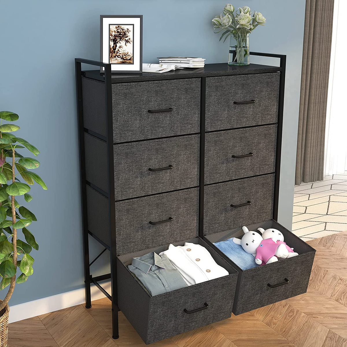 Black Gray 8 Drawer Fabric Dresser T1688