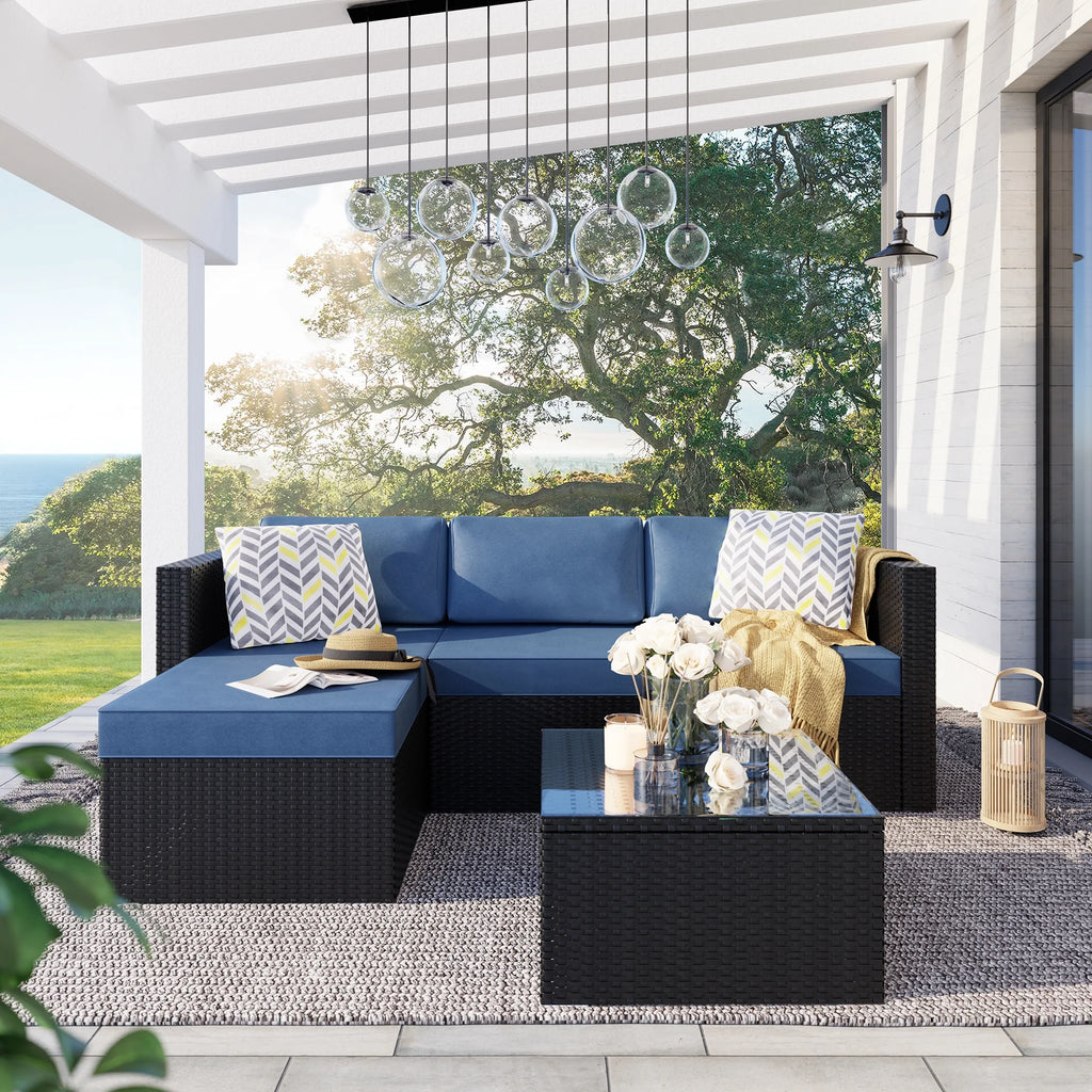 3 Piece Aegean Blue Black Rattan Wicker Sectional Sofa B91399