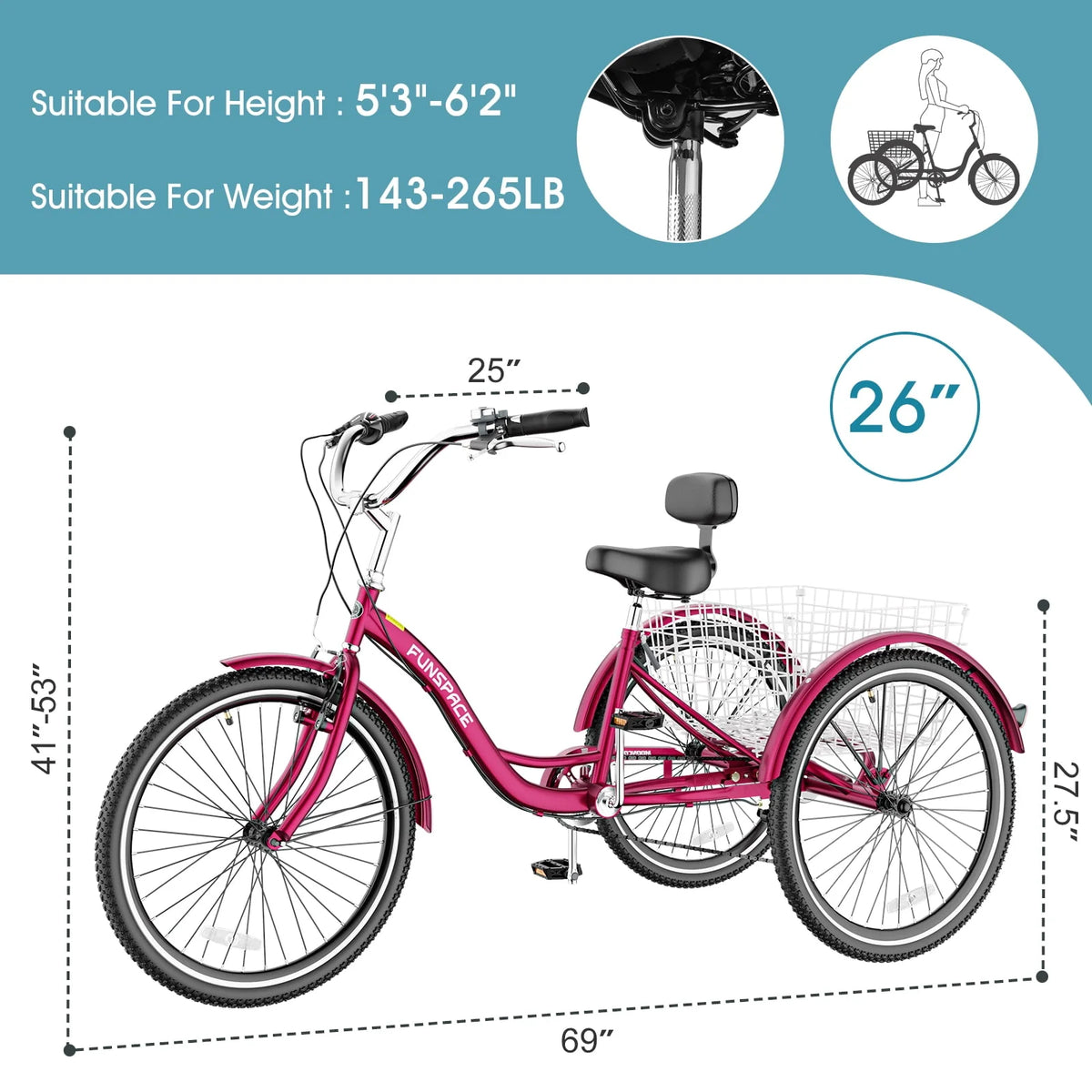 7 Speed 26 inch Three Wheel Bike Cruiser Trike with Low-Step Through Frame Large Basket Dark Green W31801