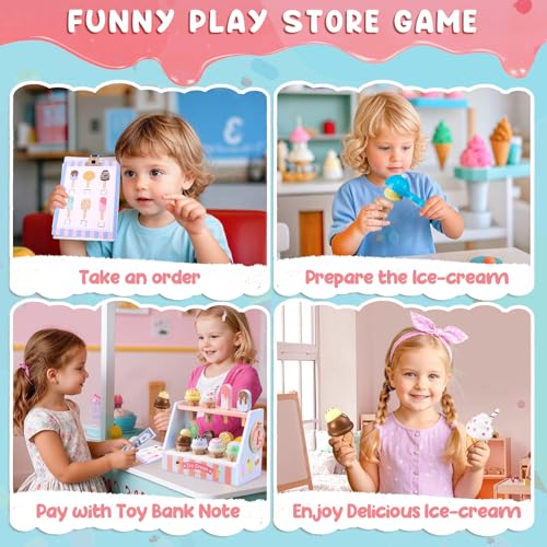 Wooden Ice Cream Toys Set Pretend Play Food Counter with Lucky Wheel, Scoop, Menu, Fake Money B161
