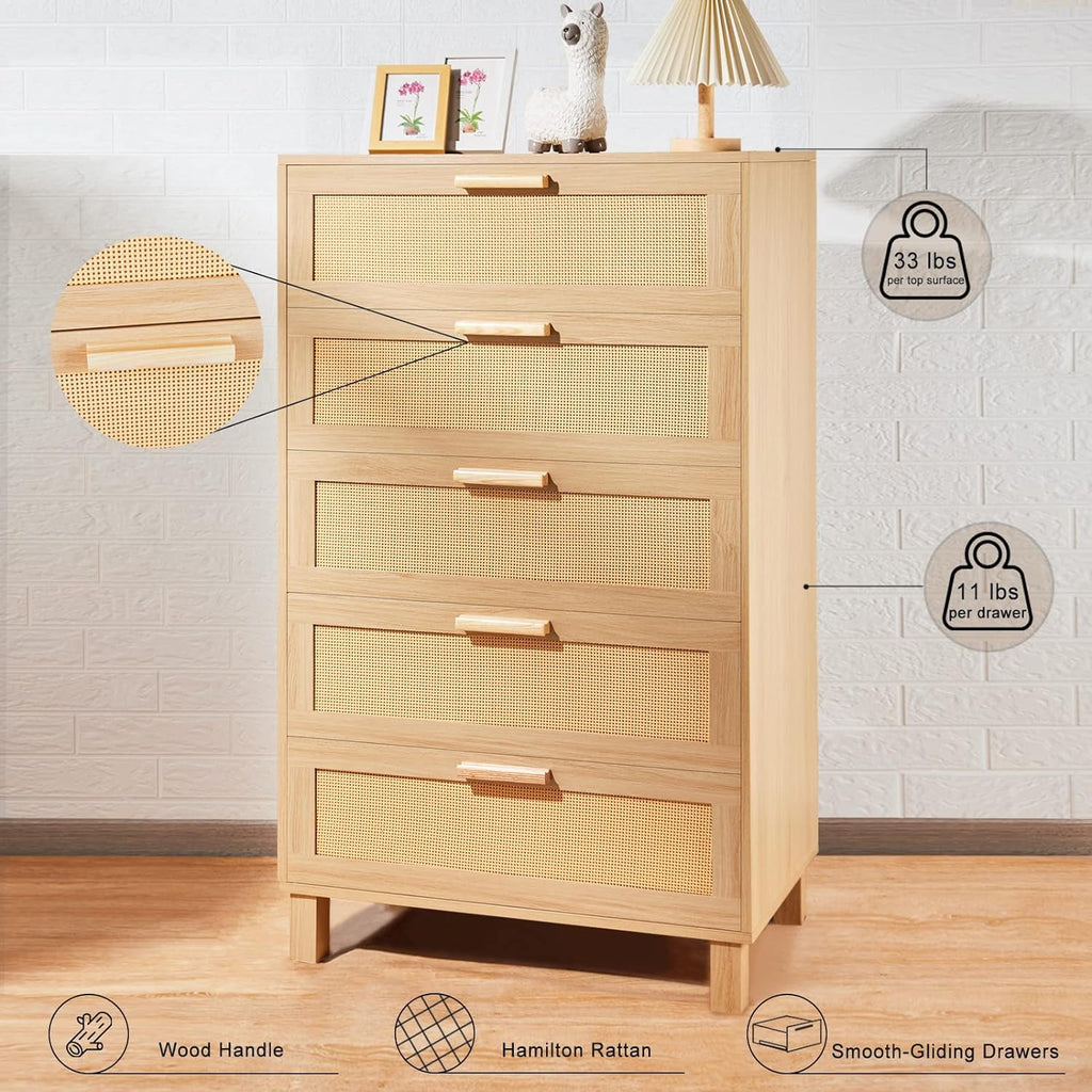 Oak 5 Drawer Rattan Dresser I3696