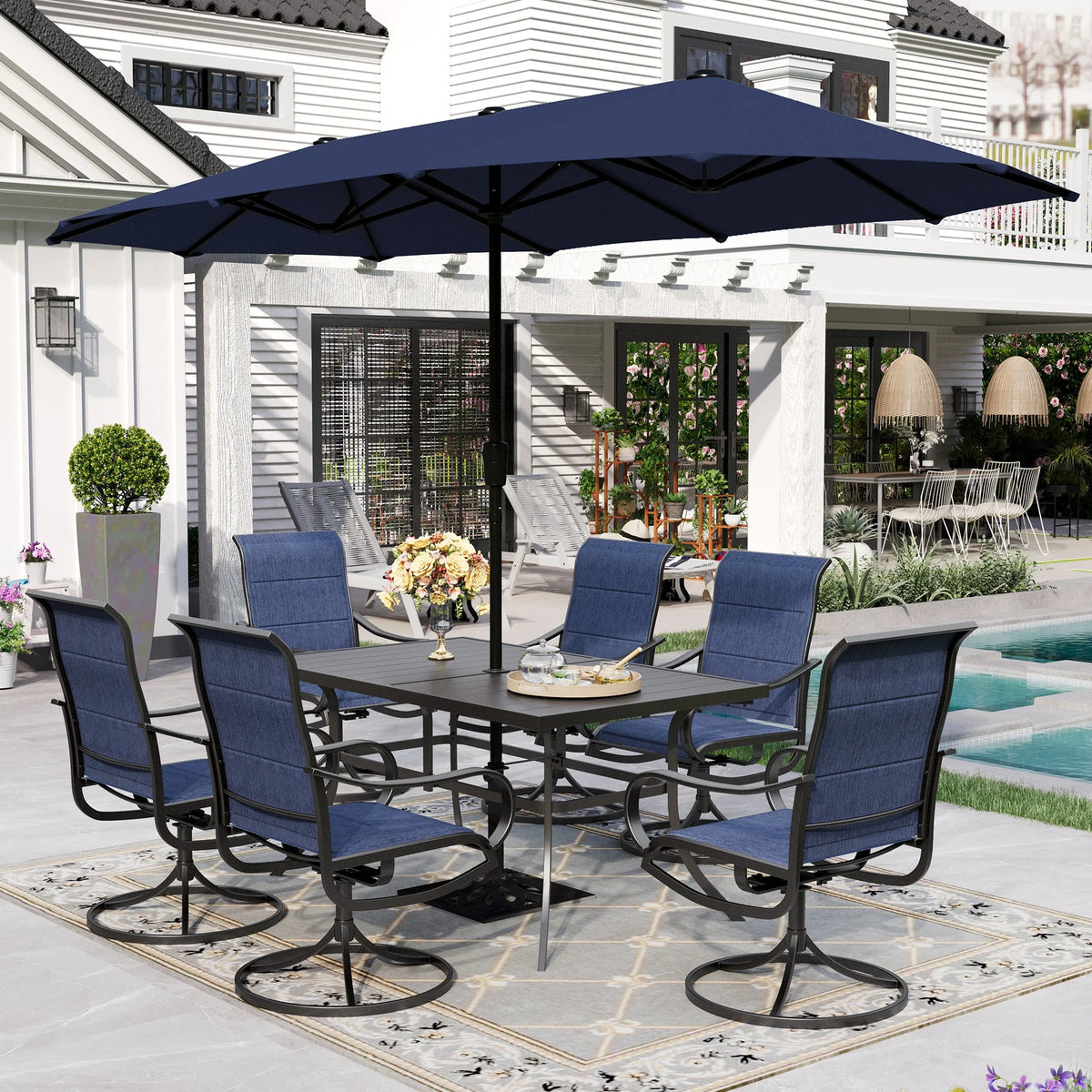 8-Piece Outdoor Patio Dining Set with Navy Umbrella Z220337
