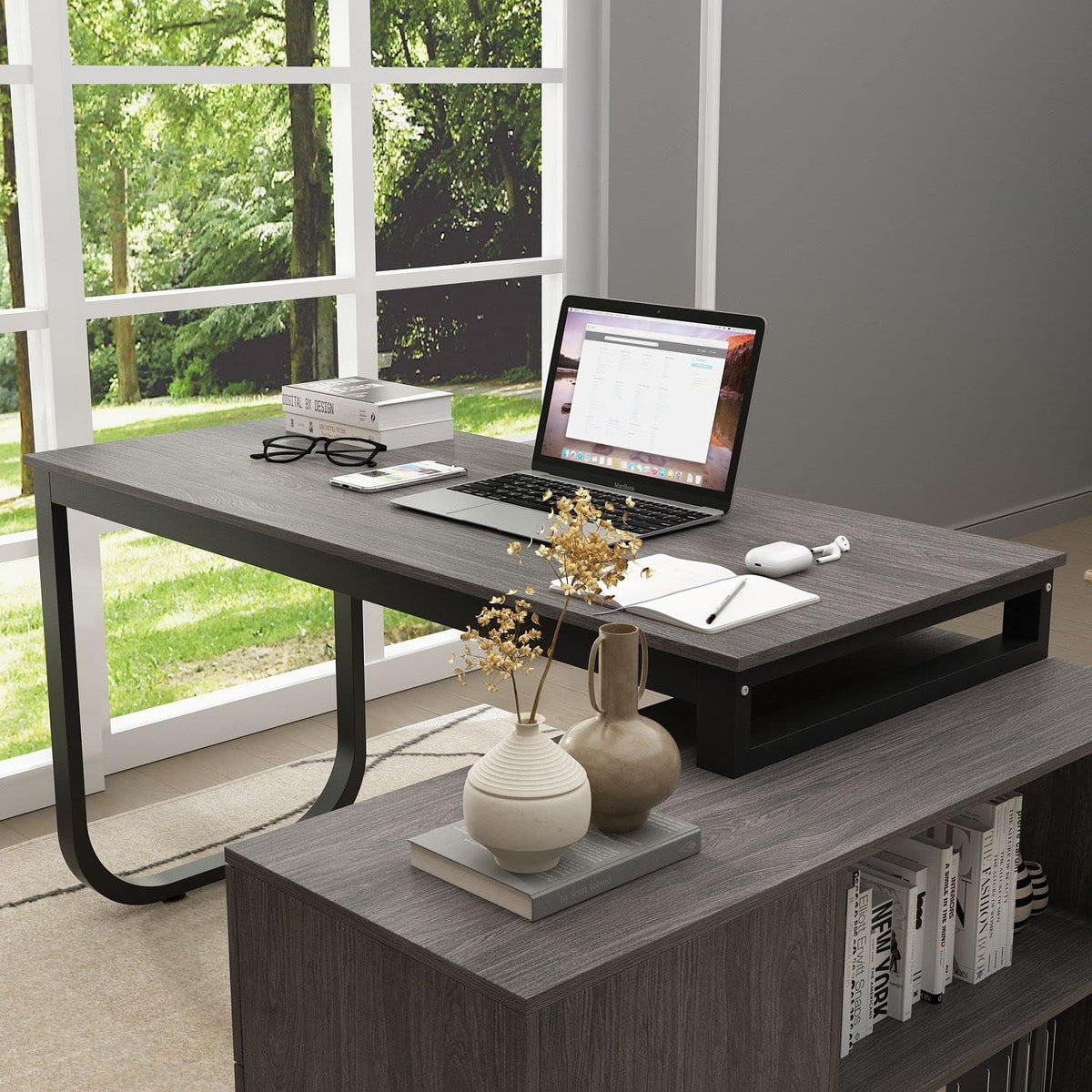 55.1” L-Shaped Desk with Drawers and Shelves B642
