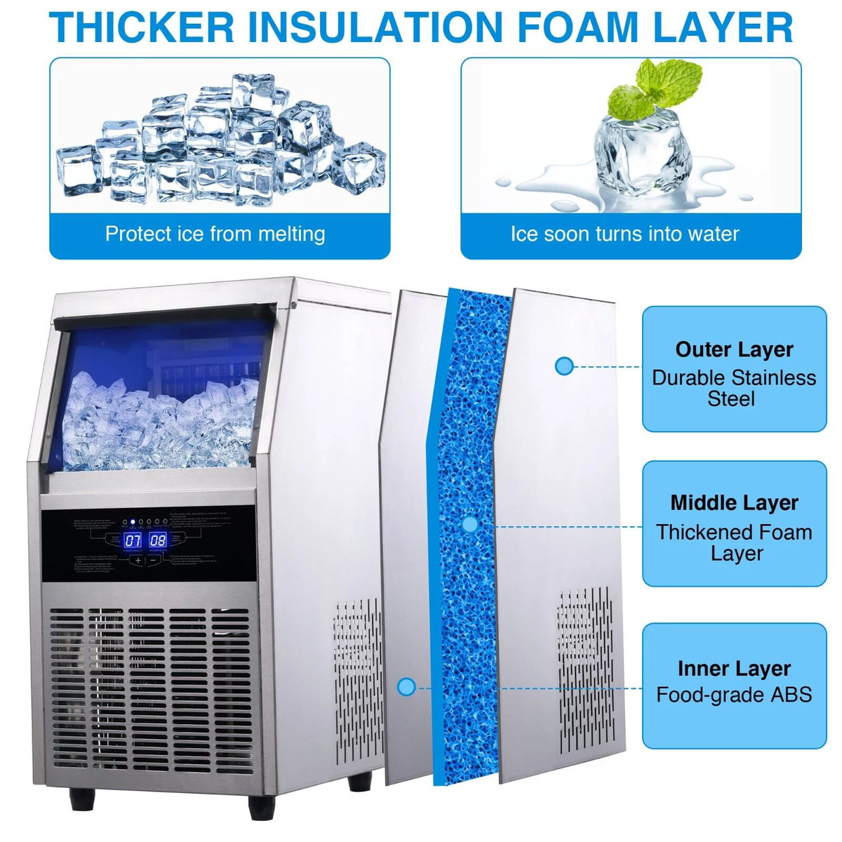 Commercial Ice Maker 90lb Stainless Steel Built-in Cube Machine Q333