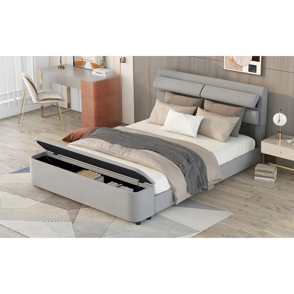Queen Size Upholstery Platform Bed with Storage Headboard and Footboard Grey V212