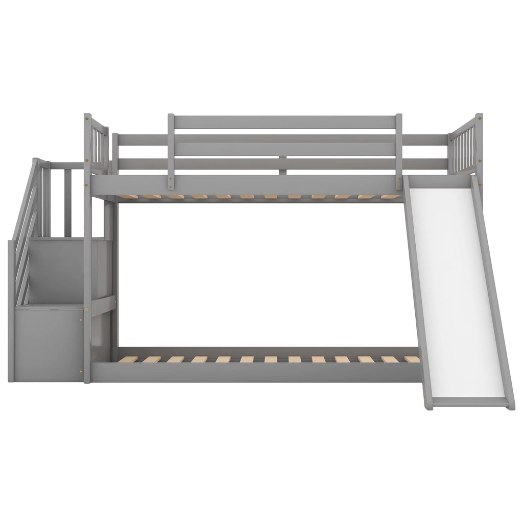 Solid Wood Twin Over Twin Bunk Bed with Slide and Stairway E8411