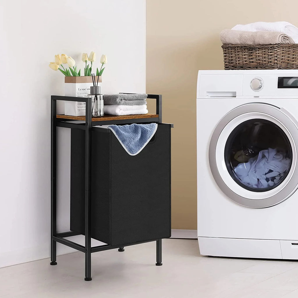 Black Laundry Hamper Basket with Removable Bag and Wood Shelf P555869