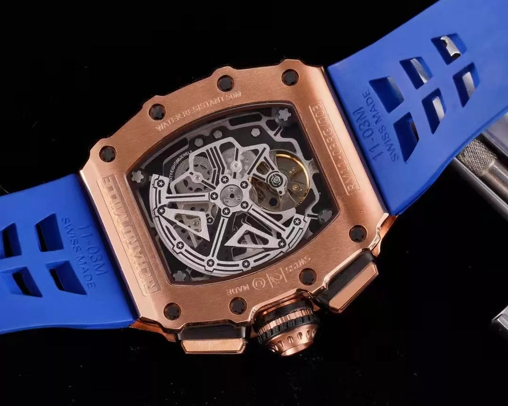 Blue Dial Rose Gold Bezel Rubber Strap Skeleton Watch D35285