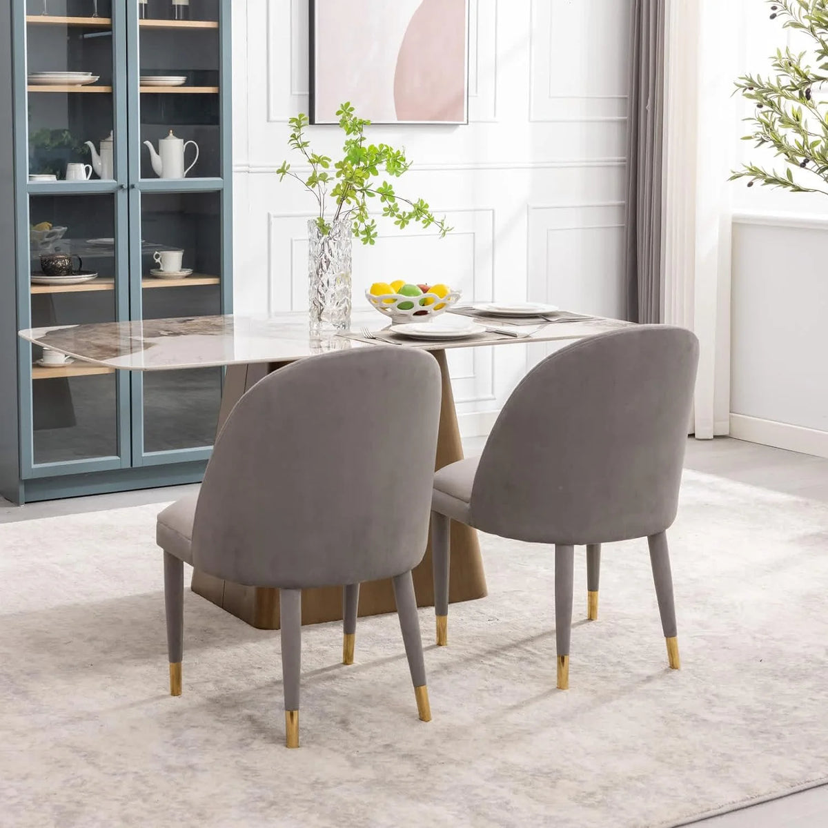 Velvet Upholstered Dining Chairs Set of 2 with Gold Legs Q67768