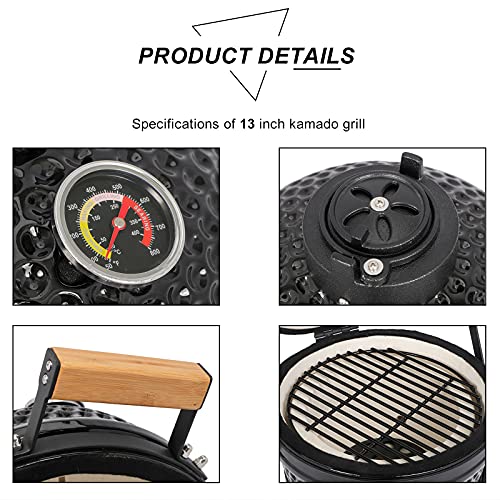 13in Round Ceramic Charcoal Grill with Thermometer, Black A37329