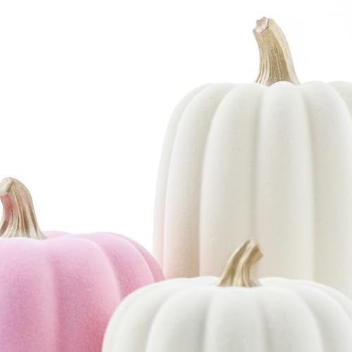 Pink and Beige Flocked Artificial Pumpkins Set 7 PCS S647775