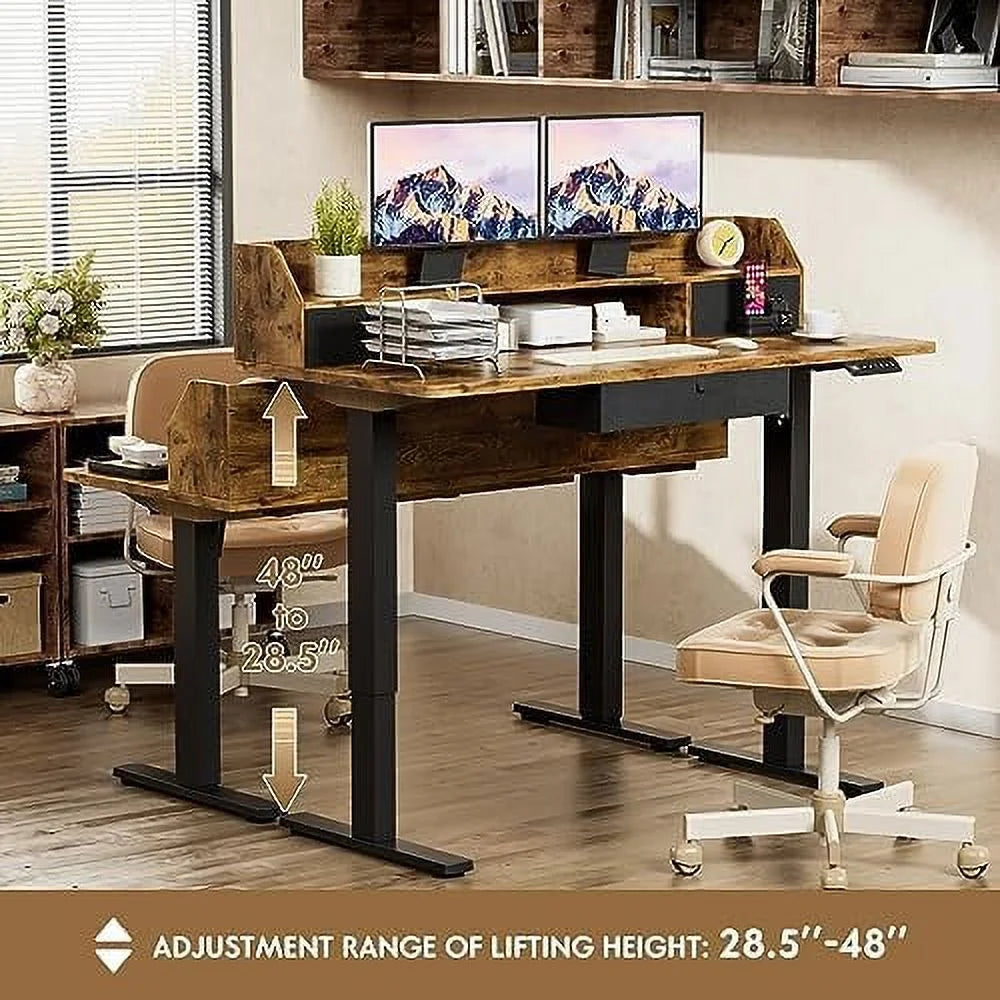 Electric Standing Desk with Triple Drawers 55 x 24 Inch Rustic Brown R77848