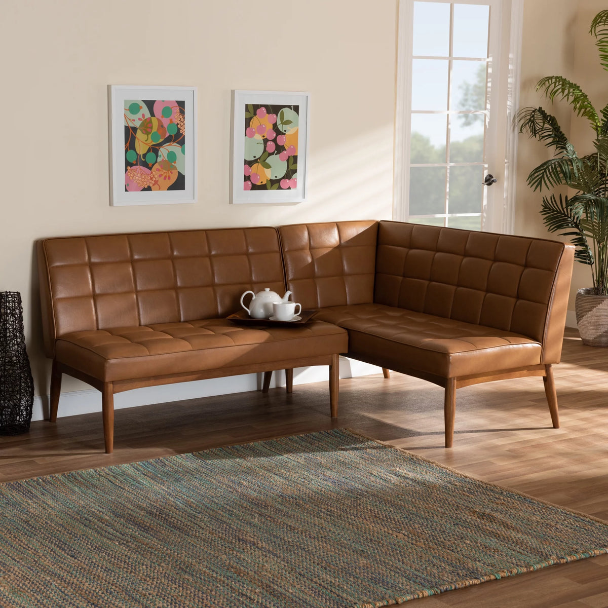 Tan Faux Leather Upholstered Walnut Brown Wood 2-Piece Dining Nook Banquette Set Q978225